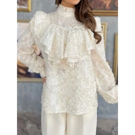 Mock Neck Ruffle Decor Blouse, Chic Long Sleeve Textured Blouse For Spring & Fall, Women's Clothing