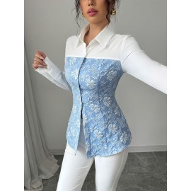 Women'S Elegant Mint Green & White Floral-like Collar Blouse - Slim-Fit Tailored Long Sleeve Shirt Jacket, Machine Washable All-Season Professional & Casual Wear, Structured Button-Front Jacket