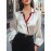 Women'S Elegant V-Neck Blouse with Red Trim - Long Sleeve, Button-Up Shirt in White & Red, Perfect for Spring/Fall, Stylish Office or Casual Wear, Ladies Blouses, White Satin Blouse For Women Elegant
