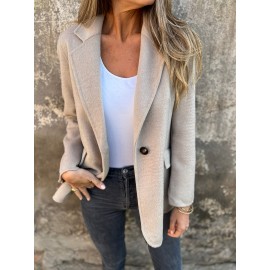 Plus Size, Women's Oversized Solid Color Tweed Lapel Jacket - Beige Brown Tailored Suit Coat with Fake Pocket, Machine Washable All-Season Casual & Formal Outerwear for Women (Large Size, Structured Fit, Button Front Closure, Relaxed Fit, Long Sleeves, Classic Collar, Versatile Casual Attire) - Elegant Tweed Fabric, Timeless Design, Suitable for Various Occasions, Easy Care, Sophisticated Look, Dress Jackets for Women Plus Size
