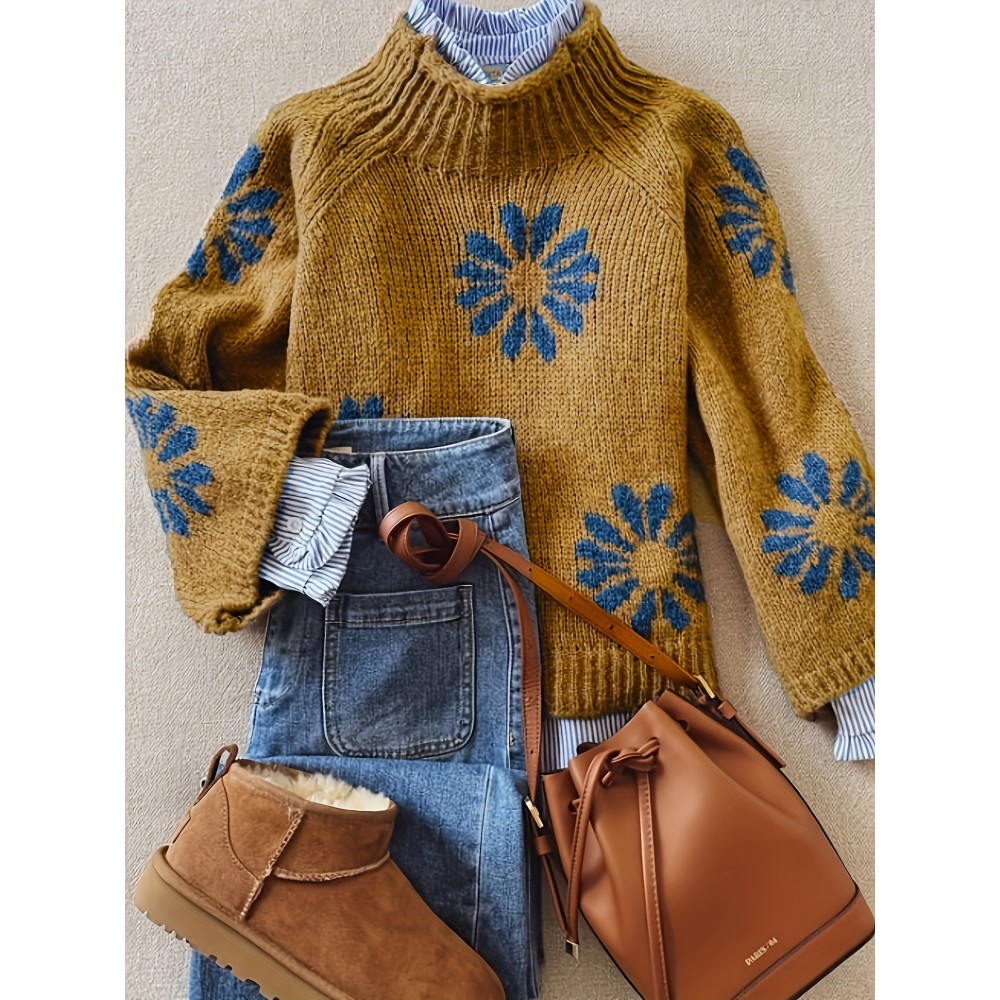 Women'S Elegant Floral Sweater - Long Sleeve High Neck Pullover with Brown & Flower Pattern, All-Season Layering Top for Everyday & Formal Outfits - Women'S