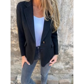Plus Size, Women's Oversized Solid Color Tweed Lapel Jacket - Beige Brown Tailored Suit Coat with Fake Pocket, Machine Washable All-Season Casual & Formal Outerwear for Women (Large Size, Structured Fit, Button Front Closure, Relaxed Fit, Long Sleeves, Classic Collar, Versatile Casual Attire) - Elegant Tweed Fabric, Timeless Design, Suitable for Various Occasions, Easy Care, Sophisticated Look, Dress Jackets for Women Plus Size